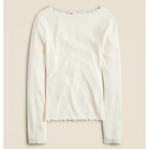 J Crew Ivory Boatneck Lettuce Edge Ribbed Long Sleeve T Shirt SZ L